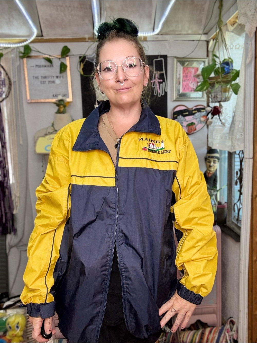 Maine Nubble Light House Colorblock Utility Jacket in Yellow & Navy Size XLarge